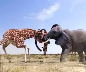 شاهکار حیات وحش؛ فیل ددمنش برای حفظ حمام لجنش گردن زرافه رو با خرطوم شکوند