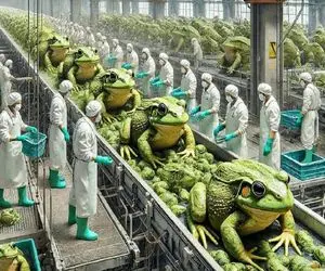 فرآوری قورباغه؛ پوست قورباغه سبز قلبه رو سس میکنه گوشتشو سوخاری برای سزار