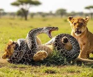 حیات وحش مصنوعی؛ شیر شجاع برای نجات جان مادرش از چنگ پیتون غول کمک آورد