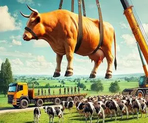 جابه جایی جانکاه؛ گاو پر هیمنه شیرش سرریز کرد توان راه رفتن نداشت با بیل مکانیکی بردن