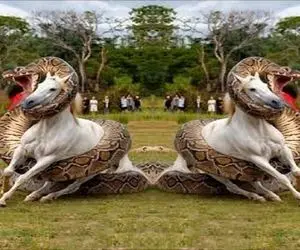 جذابیت حیات وحش؛ پیتون هرکول پیچید دور اسب سفید ببلعه مرده پرید وسط امون نداد