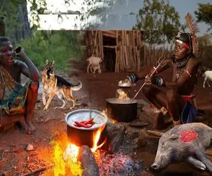 جنگجویان طبیعت؛ بربرهای برهنه گرازوحشی با نیزه کشتن درسته رو آتیش کبابی کردن