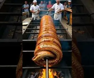 غذای خیابانی؛ پیتون غولپیکر رو حّی و حاضر عین سیم تلفن میپیچین و رو آتیش کباب میکنن
