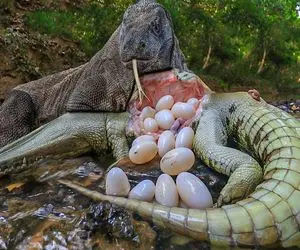 شاهکار حیات وحش؛ کومودوی ددمنش شکم تمساح خواب آلود رو شرحه کرد بچه هاشو ببلعه