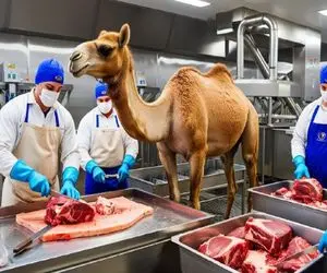 فرآوری شتر؛ استخون شتر با انبر درمیاره واسه چاقو گوشتشو چرخ میکنه برای پیتزا