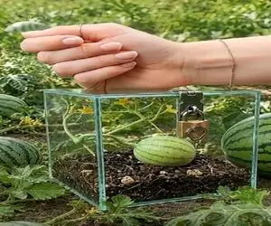 کشاورزی نوین؛ هندونه قد نخود رو انداخت تو مکعب شیشه ای درشو قفل زد هندونه مربعی شد