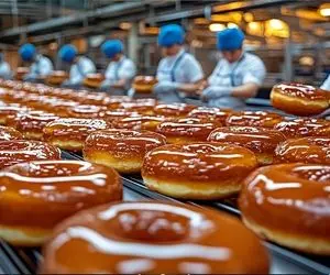 کارخانه دونات؛ فرآیند تولید چند میلیون دونات شکلاتی و شکری با ماشین های مدرن