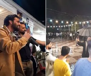 آواز عروسی؛ چه تو بارون آهنگ لری شاد میخونن فقط رقصشون با چتر و دریاب