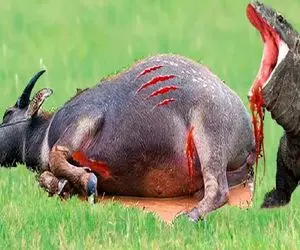 بدایع حیاط وحش؛ کومودوهای ددمنش خانوادگی شبیخون زدن به بوفالو با کلنجار تناول کردنش 