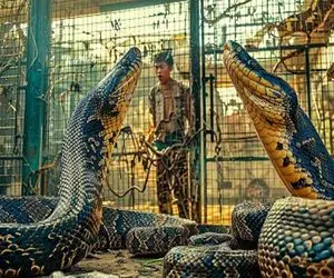 فرآوری مار؛ با غلتک از رو پیتون غول رد شد گوشتش درومد برا غذا پوستش شد کرباس