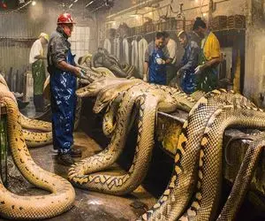 فرآوری مار؛ مار خوش رنگ و لعاب میجوشونه پوستش راحت کنده شه کیف شه خودشم کباب