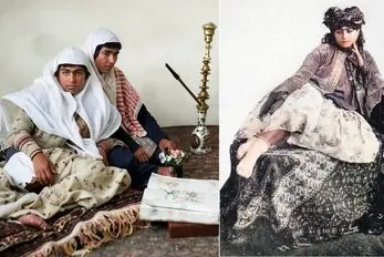 تصاویر| سفر به عصر قاجار؛ از «دستۀ دختران قلیان کش» تا «عشوه گری دختر جوان»