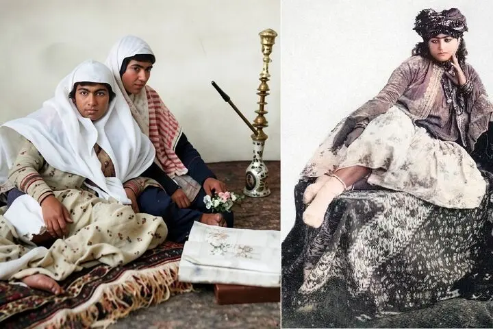 تصاویر| سفر به عصر قاجار؛ از «دستۀ دختران قلیان کش» تا «عشوه گری دختر جوان»