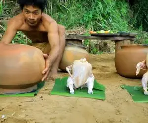 غذای جنگلی؛ آقاهه مرغ ها رو زده به چوب روشون کوزه گذاشته آتیش روشن کرده تا کبابی شن