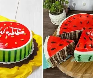 (ویدئو) طرز تهیه کیک یخچالی با طرح هندوانه برای شب یلدا