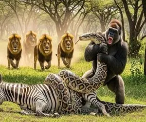 شاهکار حیات وحش / نبرد زور و آرواره میان مار دد و گوریل برای نجات خر راه راه