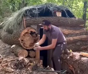 معماری خلاقانه؛ آقاهه تو جنگل با تنه درختا کلبه ساخته تماشایی به دیوارش تابلو فرش زده