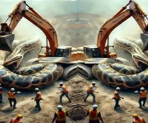 حیوانات عظیم الجثه؛ پیتون غول پیچید دور بیل مکانیکی غول برای تناول اپراتورش