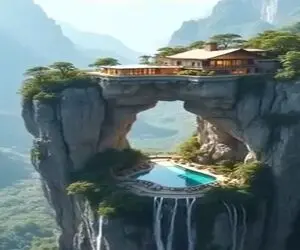 معماری خلاقانه؛ خونه دوبلکس ساختن تو صخره زیر استخرش چشمه میجوشه طبیعی بعد آبشار میشه