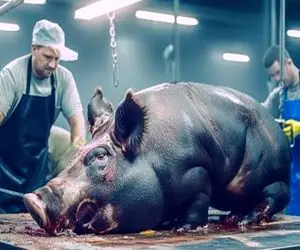 فرآوری خوک؛ خوک زخمی نَزع رو بعد تیمار به صلابه کشیدن اسلایس کردن برای فروش