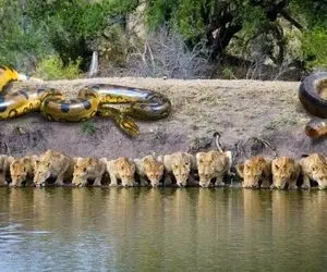 دیدنی های حیات وحش؛  رویارو شدن دهشتناک شیرهای تشنه لب برکه با پیتون های گشنه