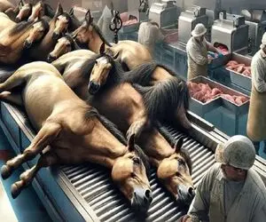 فرآوری اسب؛ اسب نحیف محتضر رو به چهار میخ میکشن پوستش درسته دربیاد سوسیش کنن