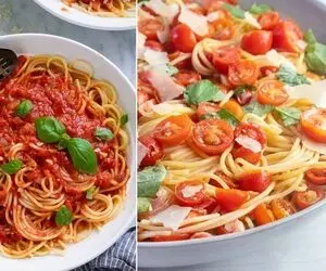 اسپاگتی با سس گوجه و ریحان که وقت خوردنش باید حواست به انگشتات باشه / طرز تهیه راحت