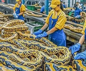 فرآوری مار؛ توی این مزرعه پوست پیتون های غول رو واسه پختن غذای چندش عین خیار میکنن