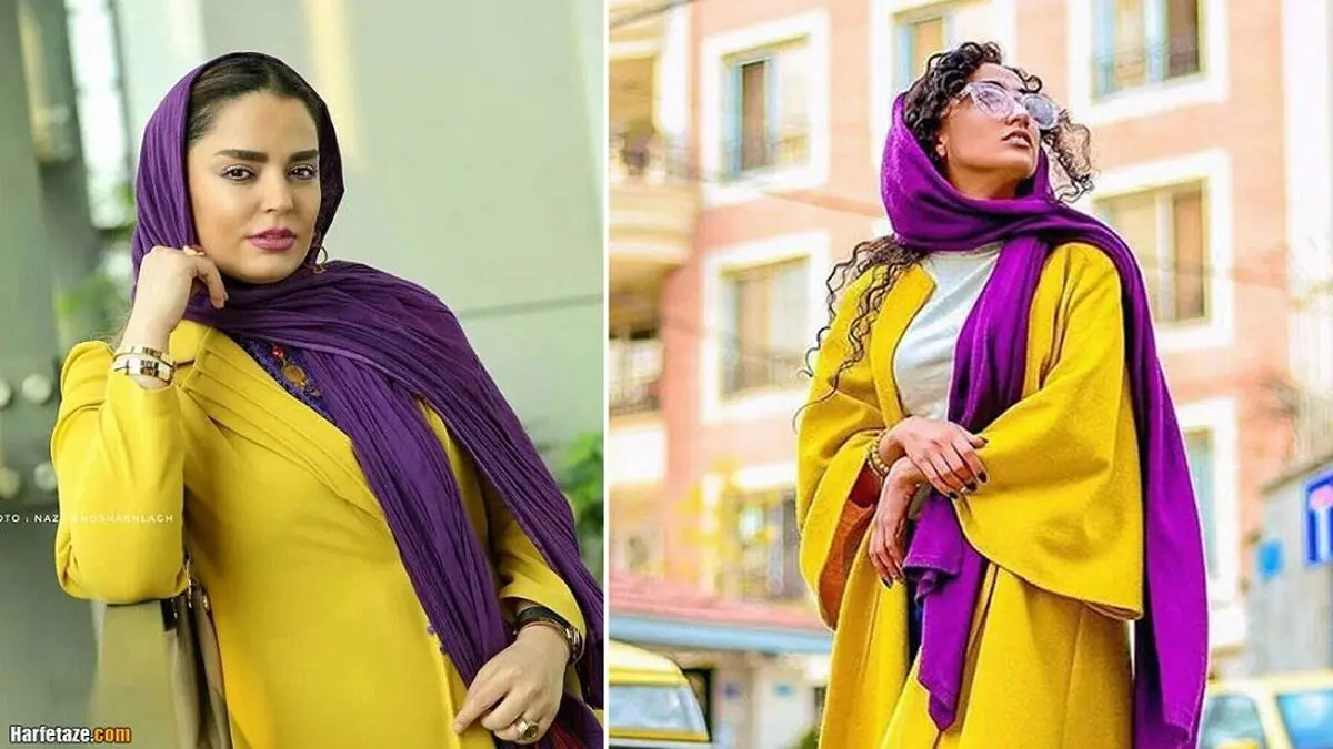 مانتوی زرد با شال بنفش