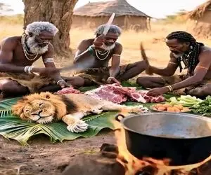 سفره وحشی؛ بربرها شیر شکار کردن شکمشو دریدن با دل و روده اش جغوربغور درست کردن