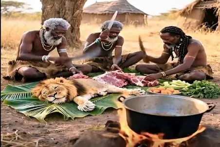 سفره وحشی؛ بربرها شیر شکار کردن شکمشو دریدن با دل و روده اش جغوربغور درست کردن