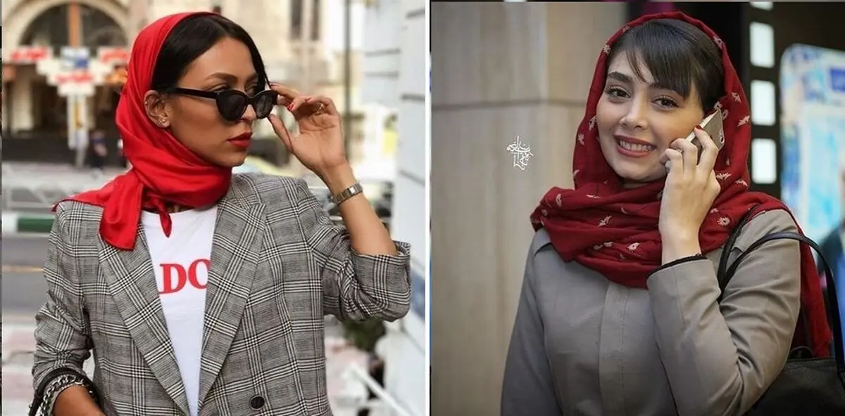 مانتو طوسی با شال یا روسری قرمز