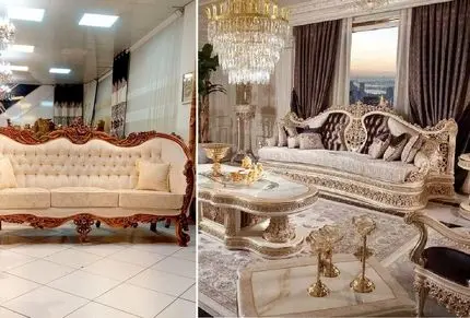 انواع مبلمان استیل (کلاسیک ایرانی، فرانسوی، تمام منبت، ایتالیایی)؛ ست با فرش و پرده