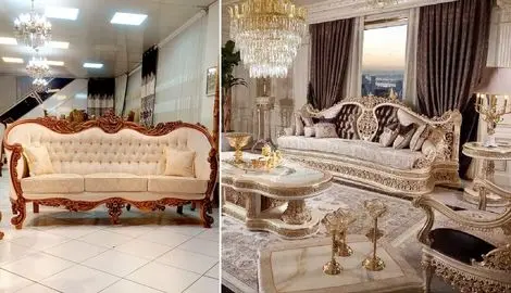 انواع مبلمان استیل (کلاسیک ایرانی، فرانسوی، تمام منبت، ایتالیایی)؛ ست با فرش و پرده