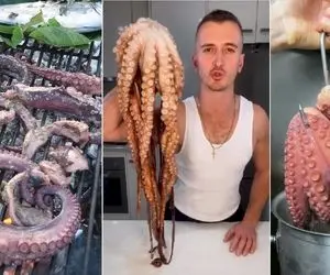 غذای چندش ؛ اختاپوس رو ببین چجوری پاک می کنه و بعد بخار پز و سپس کباب میکنه !