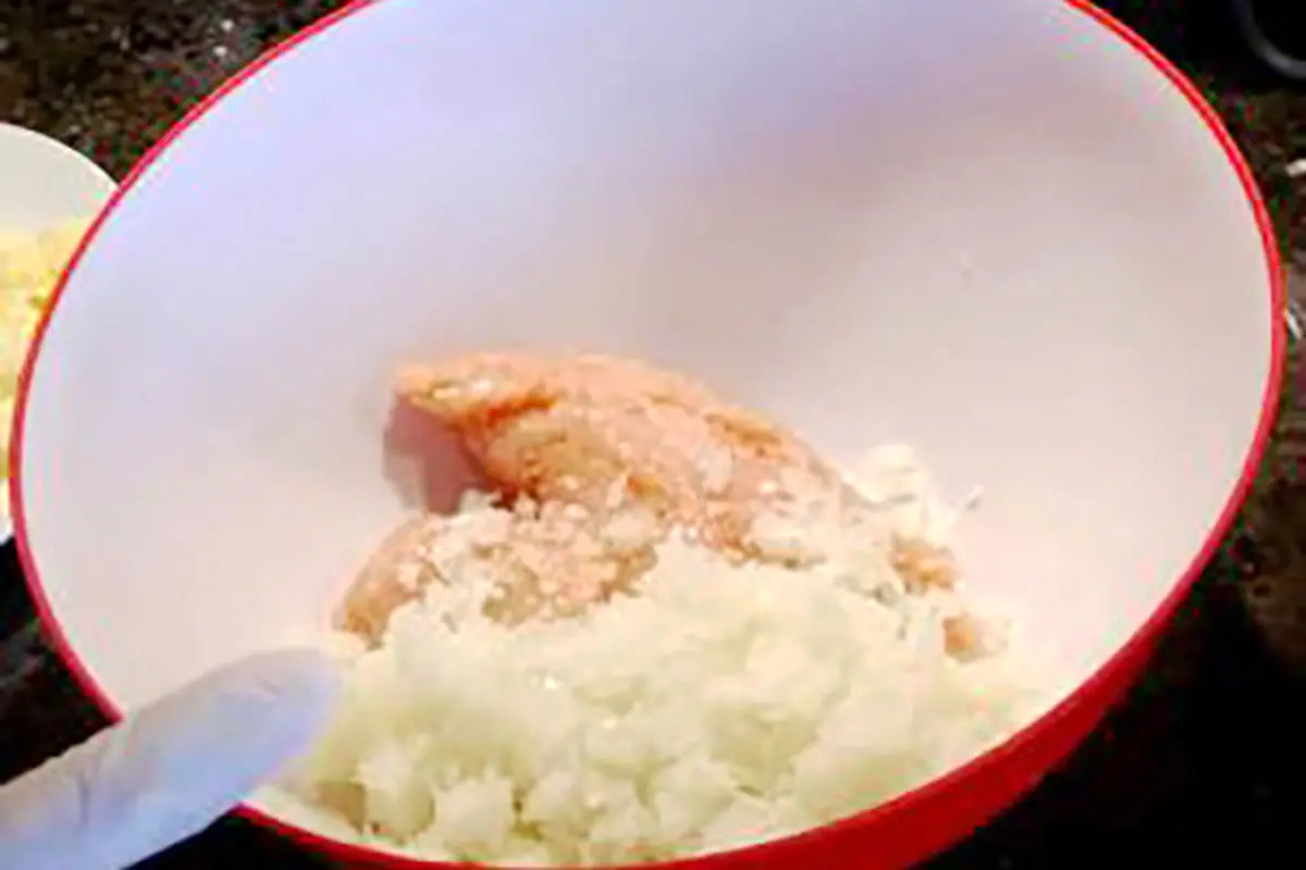 mixing-chicken-meat-with-oninon