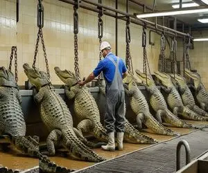فرآوری تمساح؛ تمساح با 500 کیلو وزن مثله شد تا از گوشت و پوستش بهره برداری شه