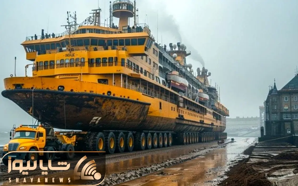 جا به جایی های جانکاه؛ حمل کشتی بزرگ که ده تا تریلی با خودش می بره رو خشکی با تریلی 
