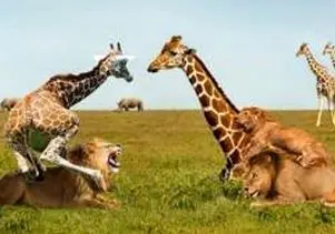 جذابیت حیات وحش؛ زرافه در حرکتی حماسی به شیر حمله ور میشه