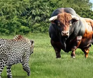 گاوهای باورنکردنی؛ گاو نر 350000 کیلویی تمام عضله با پلنگ سر شاخ شد جرش داد