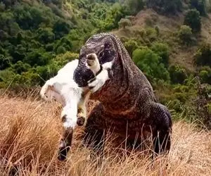 از بدایع حیات وحش؛ کومودوی لاجون از طویله گوسفند دزدید قورت داد و نشخوار کرد