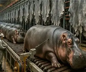 فرآوری اسب آبی؛ اسب آبی بعد کارواش بی درد ذبح میکنن از گوشت و پوستش بهره ببرن