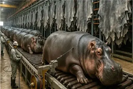 فرآوری اسب آبی؛ اسب آبی بعد کارواش بی درد ذبح میکنن از گوشت و پوستش بهره ببرن