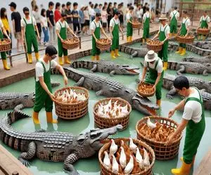 فراوری کروکودیل؛ تمساح‌ها رو با مرغ و گوشت پروار و با پوست اسلایس میکنن میپزن