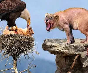 شاهکار حیات وحش؛ شیر کفتار صفت برای اینکه زنده بمونه بچه شو تقدیم عقاب کرد