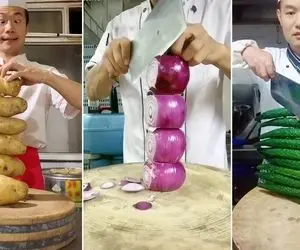 ایده های خلاقانه؛ مهارت سرآشپز نابینا تو خرد کردن با ساطور افتاد به جون سبزیجات