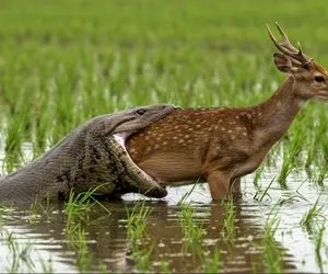 شاهکار حیات وحش؛ پیتون هیولا تو شالیزار آهو بیچاره از ته بلعید