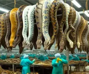 فرآوری مار؛ پیتون غول 100 نفری میبرن سلاخخونه پوستش از قفا میکنن واسه سودش