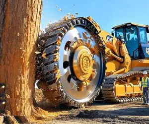 ابزارآلات غول پیکر؛ بیل مکانیکی غول برا افزایش سرعت قطع درخت اره دیسکی نصب کرد