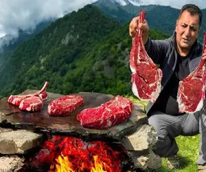 غذای باحال؛ رو قله کوه گوساله گوگولی و مثله میکنه رو سنگ داغ استیک میپزه آبدار